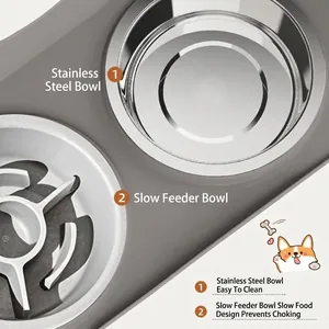Comederos dobles elevados para perros con cuenco de acero y diseño de alimentación lenta