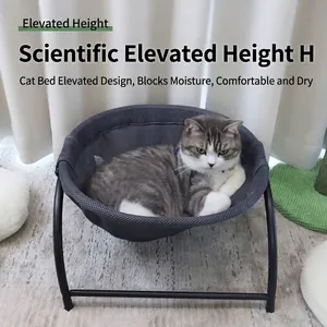 Erhöhtes Katzenbett mit atmungsaktivem Netz und Metallrahmen für kleine Tiere.