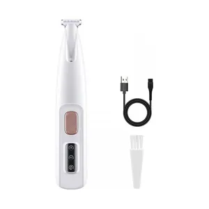 White pet hair trimmer kit with narrow blade for paws and ears, including USB cable