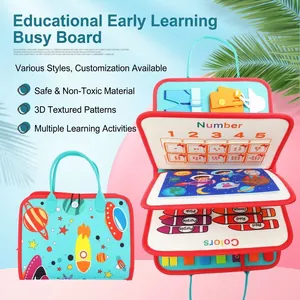 Detailed view of open felt busy board showing educational number and color panels