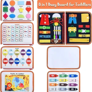 Detailed view of the 8-in-1 Montessori busy board with alphabet and color pages.