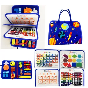 Educational felt busy board details showing alphabet, colors, and shapes for toddlers.