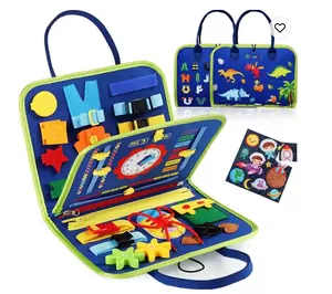 Detailed view of Montessori busy board with clock, zippers, and buckles for kids
