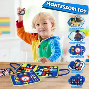 Pannello Montessori con abilità motorie, lettura dell'ora e apprendimento dell'alfabeto.