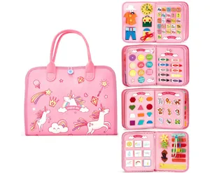 Pink felt busy board for toddlers with alphabet and animal educational activities