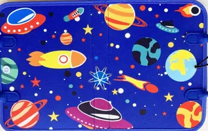 Détail des motifs spatiaux colorés sur le tableau d'apprentissage Montessori en feutre