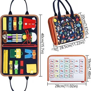 Detailed dimension view of toddler busy board featuring felt alphabet learning tools
