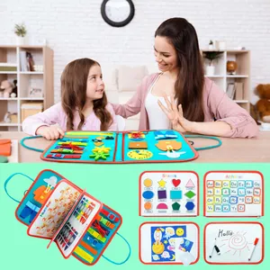 Detailed view of felt busy board featuring alphabet, shapes, and numbers for toddlers