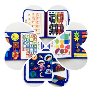 Vues détaillées du tableau d'éveil en feutre avec alphabet, couleurs et tâches motrices.
