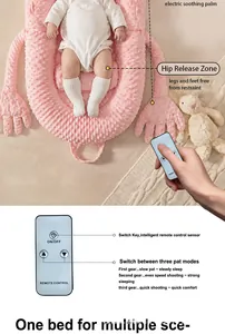 Electric soothing baby bed nest detail showing remote control modes and hip zone