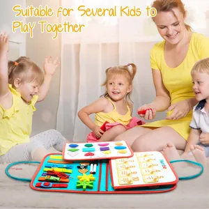 Preschool felt busy board showing several kids playing together in a warm home setting
