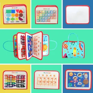 Montessori felt busy board toy with alphabet, shapes, and numbers for toddler learning.