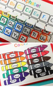 Detail view of Montessori felt busy board showing alphabet and color crayon sections