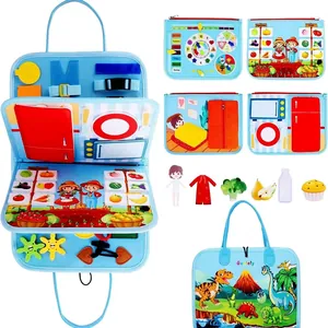 Tavola montessoriana per bambini in feltro con attività educative e accessori.