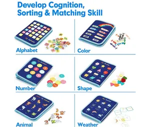 Detailed view of Montessori felt busy board showing alphabet, color, and number sections