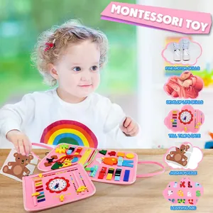 Detailed pink felt Montessori busy board for toddlers developing fine motor skills