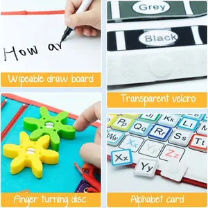 Detail of preschool felt busy board with alphabet cards and drawing surface