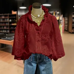 Elegant burgundy V-neck blouse with floral embroidery and puff sleeves for women
