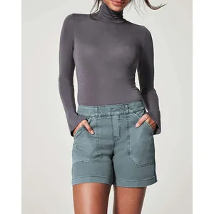 Women High Waist Elastic Twill Cotton Shorts With Pockets Stretchy Casual Summer Vintage Garment Dyed Bottom