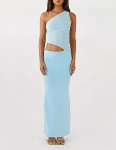 Full body front view of a light blue one-shoulder knit dress with waist cutout detail