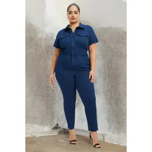 Combinaison en jean grande taille bleu foncé à manches courtes, col classique et poches avant