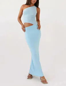 Slim-fit light blue knitted one-shoulder two-piece maxi dress set with cut-out detail