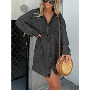 Oversized washed charcoal denim shirt dress featuring a V-neck and long sleeves design
