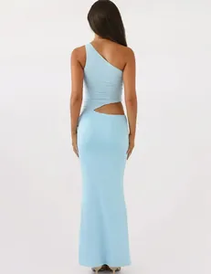 Back view of a light blue one-shoulder slim-fit maxi dress with a side cut-out