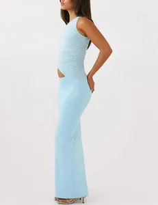 Side view of light blue bodycon knit dress with stylish waist cutout detail