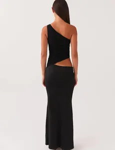 Back view of a chic black one-shoulder slim-fit knit dress set featuring a stylish waist cutout
