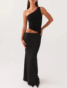 Elegant black one-shoulder cutout knitted maxi dress with a sleek slim fit silhouette