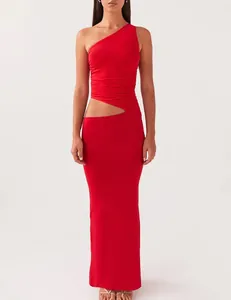 Professional detail view of a vibrant red one-shoulder cutout ruched maxi dress