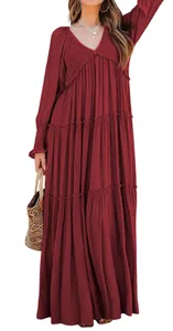 Elegantes langärmeliges Maxikleid mit V-Ausschnitt in Burgunderrot, Frontansicht