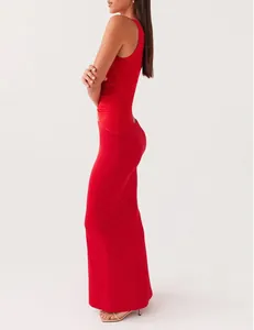 Side view of a vibrant red sleeveless bodycon maxi skirt set with a knit texture