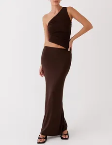 Elegant brown one-shoulder ruched top and matching slim fit maxi skirt set for women