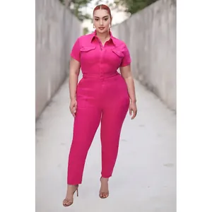 Combinaison en jean rose fuchsia pour grandes tailles avec manches courtes