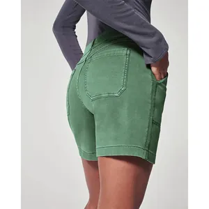 Premium detailed back view of women's high-waisted green stretch twill canvas shorts