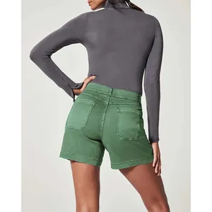 Detailed back view of women's stylish green stretch twill canvas shorts with pockets