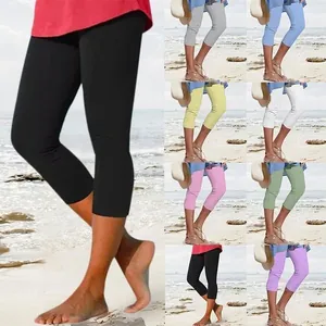 Damen Casual Einfarbige Capri Leggings Baumwolle Atmungsaktiv Schlankmachend Sieben-Punkt Hose Übergröße Hochelastisch Basic Bottoms