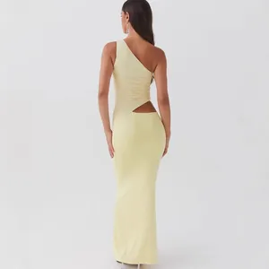 Elegant pale yellow one-shoulder cutout maxi dress with slim fit for formal events