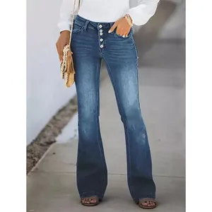 Jeans a zampa vintage a vita alta con patta a più bottoni e lavaggio per donna