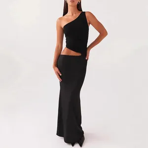 Elegant black one-shoulder maxi dress with side cutout detail for women formal events