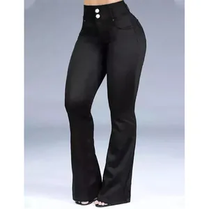 Jean évasé noir pour femme à taille haute avec doubles boutons et coupe ajustée
