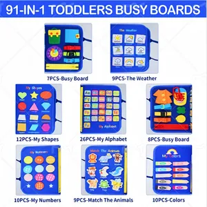 Dettaglio della busy board 91-in-1 con varie attività educative in feltro.