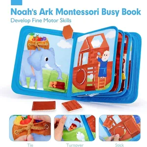 Gros plans des fonctions interactives de nouage, de retournement et de collage du livre Montessori.