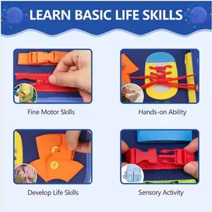 Tavola Montessori in feltro con cerniera e fibbia per sviluppare le abilità motorie fini.