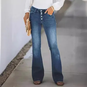 Jeans svasati vintage a vita alta con bottoni multipli in denim blu lavato da donna