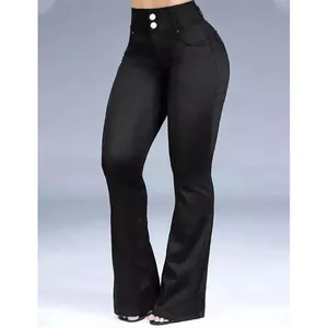 Elegant slim fit black high-waisted flare denim jeans with a butt-lifting design