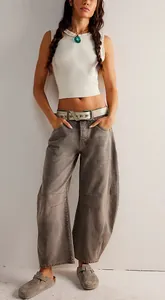 Washed brown-grey wide leg denim jeans for women with a loose fit and mid-low waist