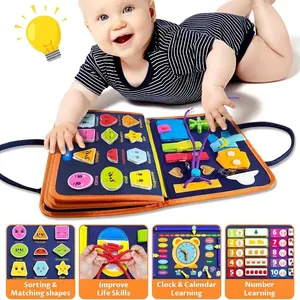 Dettaglio della busy board educativa in feltro con smistamento forme e abilità motorie